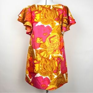 Ali Ro Pink & Yellow Ruffle Sleeve Floral Silk Shift/Tunic/Dress Size 6